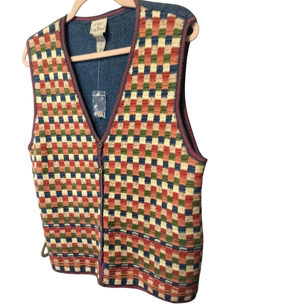 KORET City Blues Women's M Vintage Geometric Checkered Knit Button Up‎ Vest